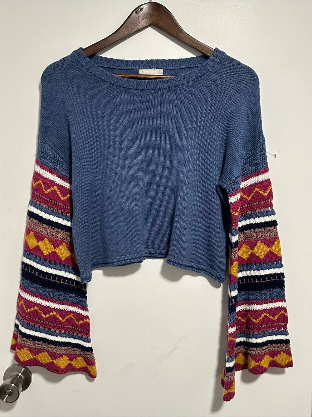 Altar'd State Blue Cropped Sweater with Patterned Bell Sleeves